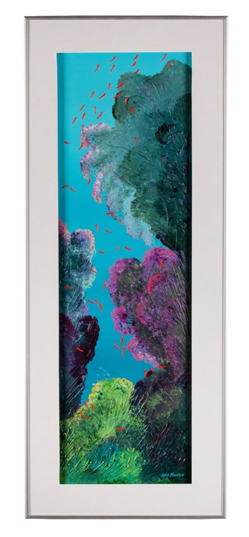 BOB RANKIN, AQUATIC VIEW, ACRYLIC: Bob Rankin (American, 20th / 21st Century). Untitled - late 20th century, acrylic on paper, depicting an underwater seascape showing varying coral forms in tones of green, pink, red, and blue with sma