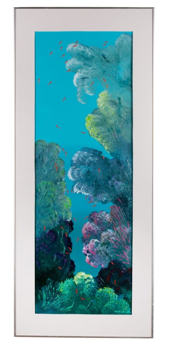 BOB RANKIN, UNDERWATER SEASCAPE, ACRYLIC: Bob Rankin (American, 20th / 21st Century). Untitled - late 20th century, acrylic on paper, seascape with coral rendered in blue, green, and purple tones and populated by numerous small, bright orange