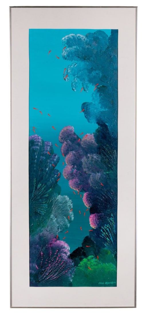 BOB RANKIN, UNDERWATER VIEW, ACRYLIC: Bob Rankin (American, 20th / 21st Century). Untitled - late 20th century, acrylic on paper, seascape with coral rendered in blue, green, and purple tones and populated by numerous small, and bright or