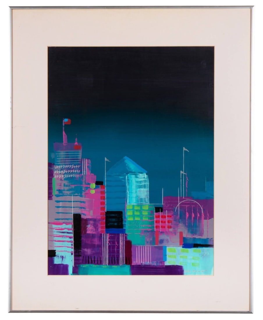 BOB RANKIN, CITYSCAPE, ACRYLIC ON PAPER: Bob Rankin (American, 20th / 21st Century). Untitled - late 20th century, acrylic on paper, vivid cityscape rendered in tones of neon green, pink, blue and purple atop a gradient ground in tones of bl