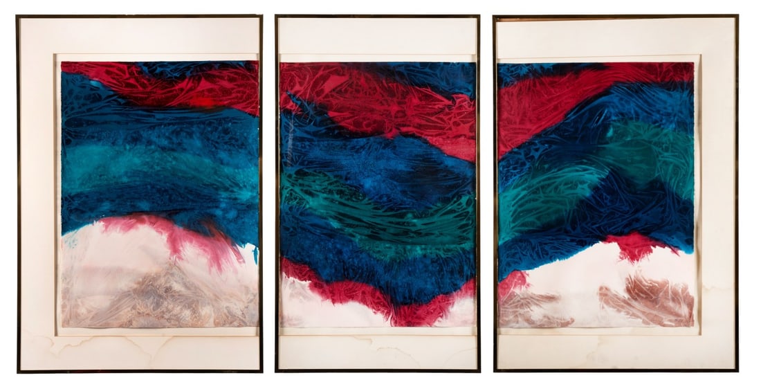 NANCY TUTTLE MAY, 'TRIPTYCH', 1985, WATERCOLOR: Nancy Tuttle May (American, B. 1940). "Triptych" - 1985, watercolor on paper, abstract color-field composition of organic-form shapes resembling waves in tones of deep blue, magenta, and white, left a