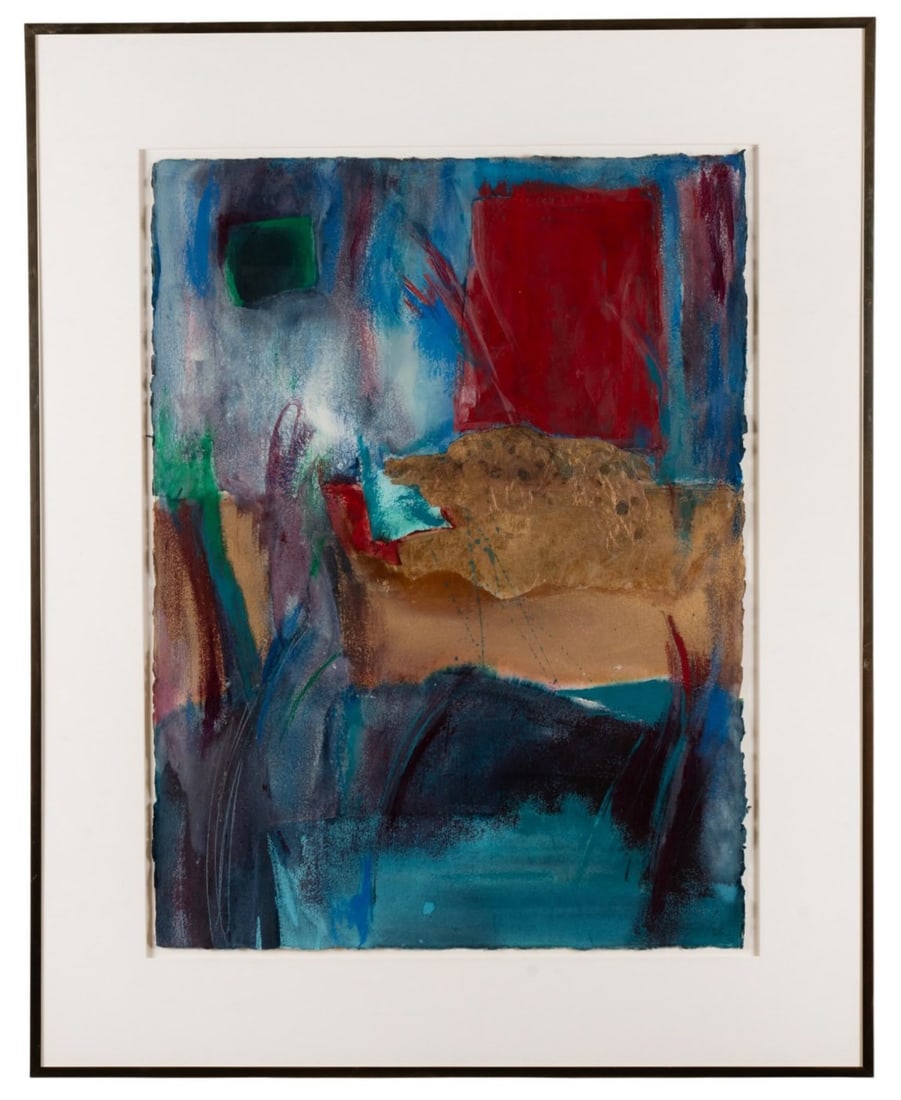 NANCY TUTTLE MAY, 'ROUGE/BLUE', WATERCOLOR COLLAGE: Nancy Tuttle May (American, born 1940). "Rouge / Blue" - 1999, watercolor and collage on paper, abstract composition of organic-form shapes of layered mixed media in tones of blue, ochre, red, green,