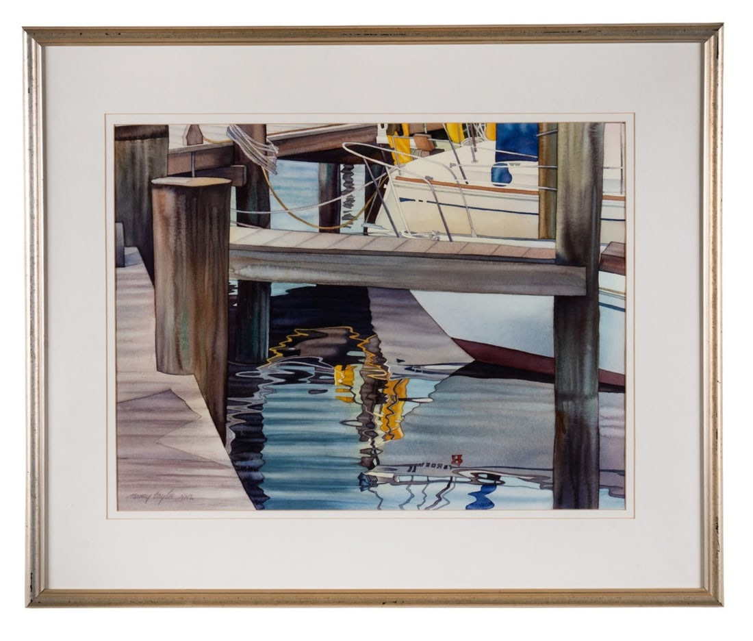 NANCY MEADOWS TAYLOR, VIEW OF DOCK, WATERCOLOR: Nancy Taylor (American, 20th / 21st Century). Untitled -late 20th century, watercolor on paper, view of dock with a focus on ripping water, showing a reflective view of a white, yellow, and blue sailb