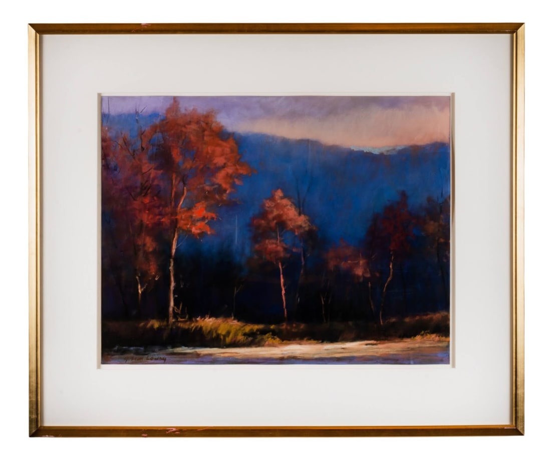 GAYLE STOTT LOWRY, 'IN THE DIM LIGHT I', PASTEL: Gayle Stott Lowry (American, 20th / 21st Century). "In the Dim Light I" - 1999, pastel on paper, mountainous landscape with autumnal trees visible to the foreground in tones of red and orange, with de