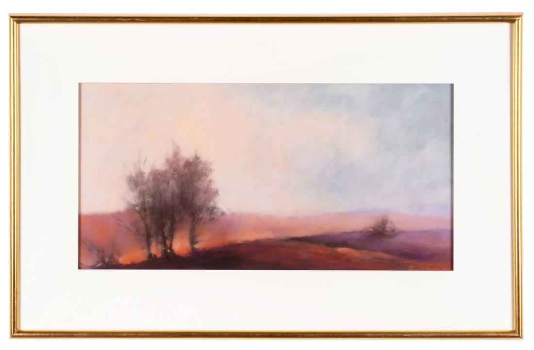 GAYLE STOTT LOWRY, 'THE NEW BEGINNING' 1997 PASTEL: Gayle Stott Lowry (American, 20th / 21st Century). "The New Beginning" - 1997, pastel on paper, landscape of rolling hills with trees in orange and pink, signed "G. Stott Lowry" to LR, signed, titled