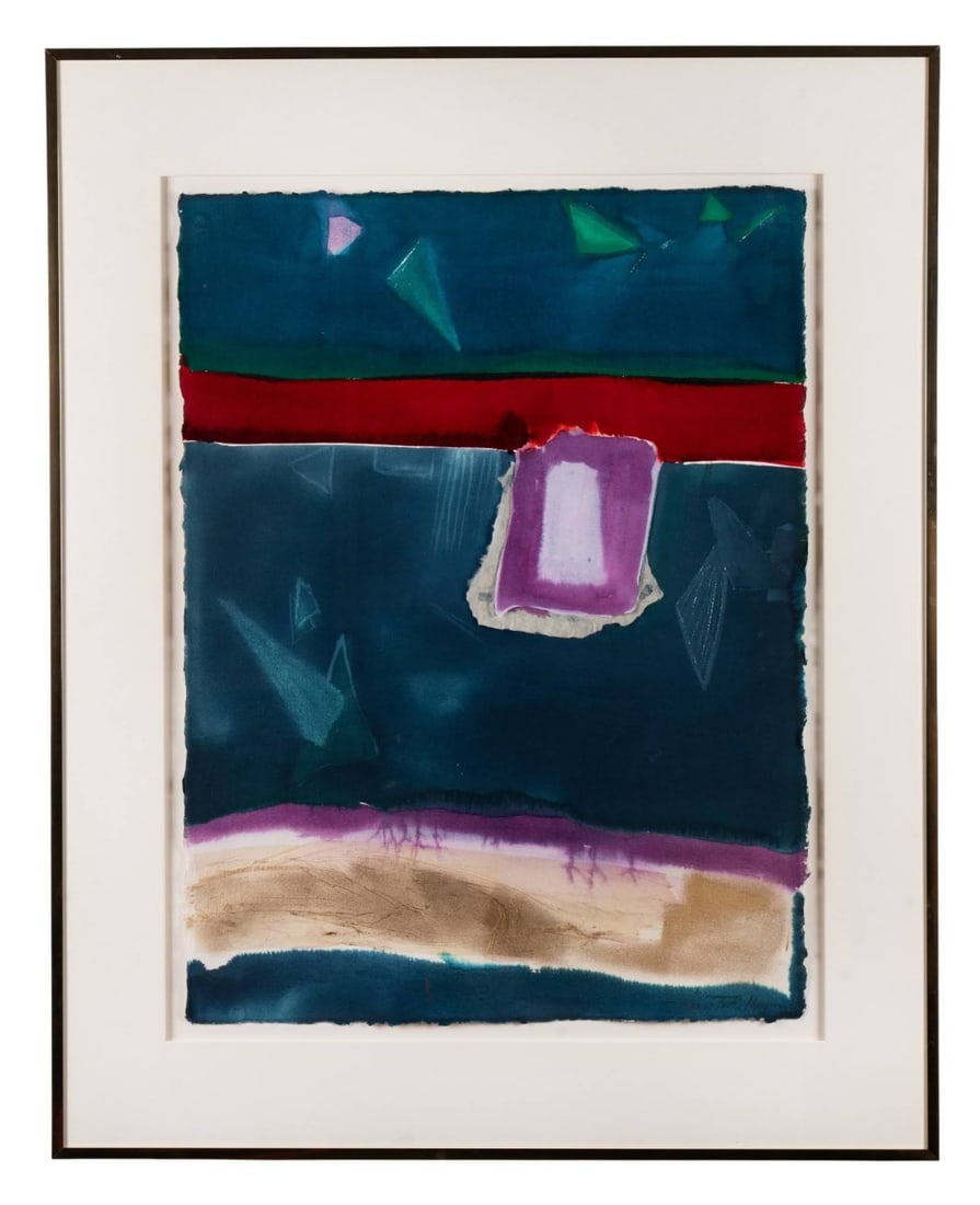 NANCY TUTTLE MAY, ABSTRACT, MIXED MEDIA COLLAGE: Nancy Tuttle May (American, born 1940). Untitled - late 20th century, mixed media and collage on paper, abstract composition comprised of geometric forms rendered in red, white, green, purple, and blu