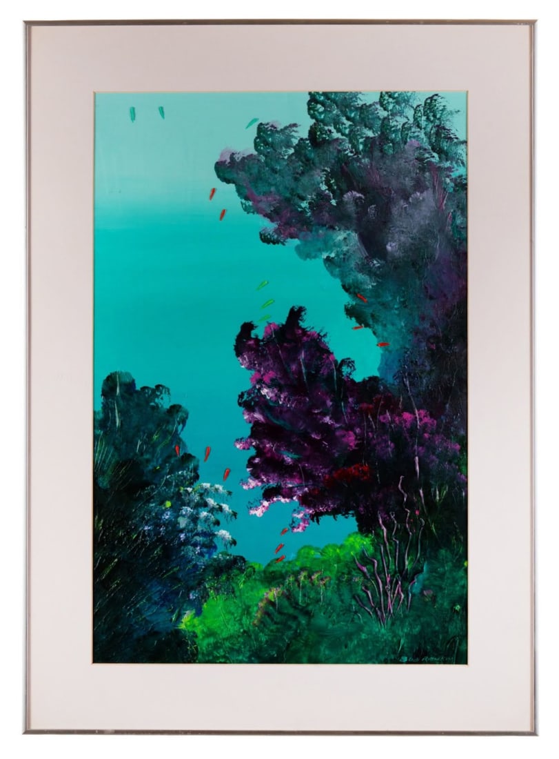 BOB RANKIN, 'FIJI FISH', ACRYLIC ON PAPER: Bob Rankin (American, 20th / 21st Century). "Fiji Fish" - late 20th century, acrylic on paper, fish in bright tones of orange, red, and green dart between coral forms of varying size in tones of green