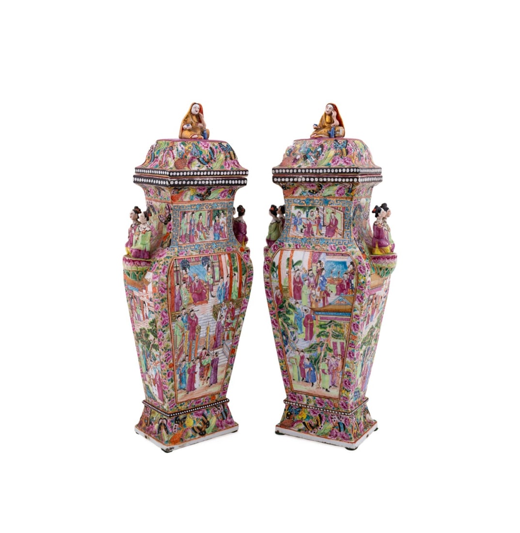 PAIR OF CHINESE ROSE MANDARIN LIDDED VASES (1 of 8)