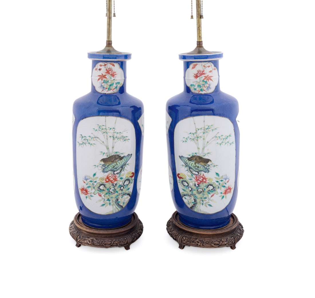 PAIR, CHINESE BIRD & FLORAL MOTIF PORCELAIN LAMPS (1 of 6)