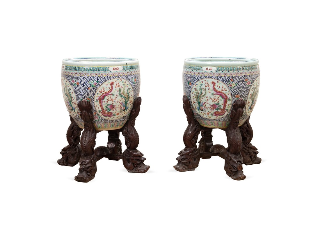 PAIR, FAMILLE ROSE JARDINIERES ON CARVED STANDS (1 of 8)