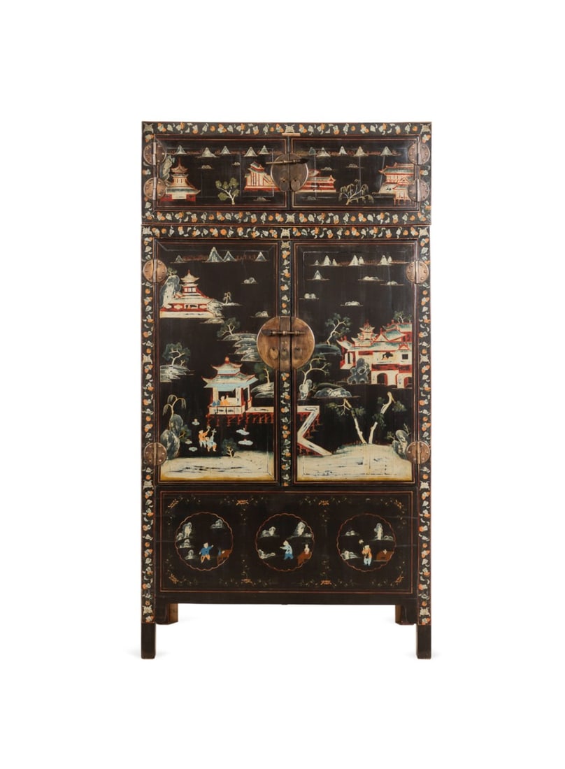 19TH C. CHINESE BLACK LACQUERED WEDDING CABINET: Chinese, late 19th century. Black lacquered wedding cabinet decorated with landscape garden scenes, pavilions, pagodas and figures, brass hinges and lock plates, apparently unmarked. Provenance: Acqui