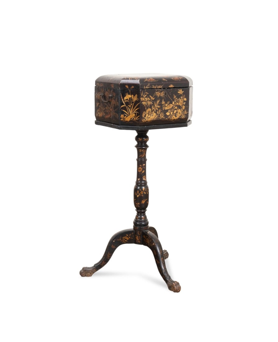 CHINESE EXPORT BLACK LACQUERED SEWING BOX ON STAND (1 of 8)