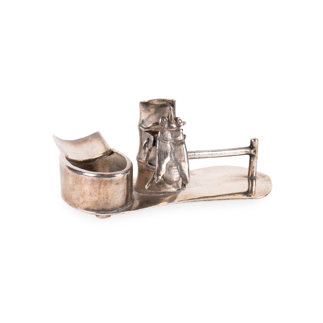 CHINESE EXPORT SILVER PLACE CARD TABLE ACCESSORY: Chinese Export silver table accessory, winged insect place card holder, toothpick holder, and utensil rest, with stamped hallmarks top of base. Approximate dimensions: approximate dimensions h. 1.5",