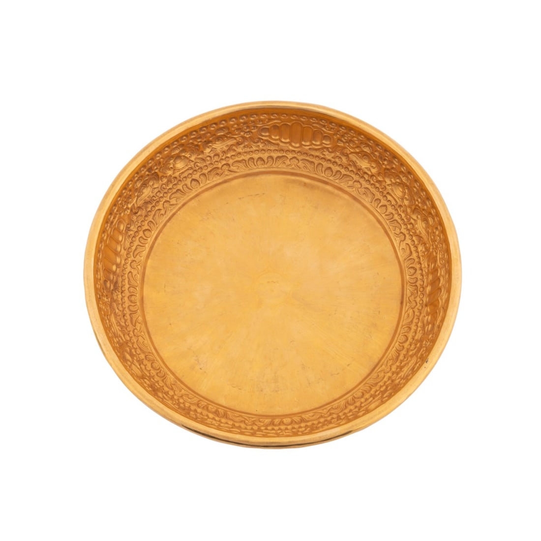 INDONESIAN MASK & CLOUD GOLD REPOUSSE BOWL: Southeast Asian. Indonesian (Javanese) gold repousse bokor / offering bowl, with lion masks, clouds, gadrooned border, and brass ring under rolled rim, stamped "247 / 22K" to underside. Provenance: Th