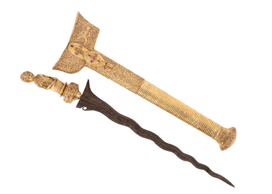 INDONESIAN JEWELED GOLD & CARVED HILT KRIS DAGGER (1 of 10)