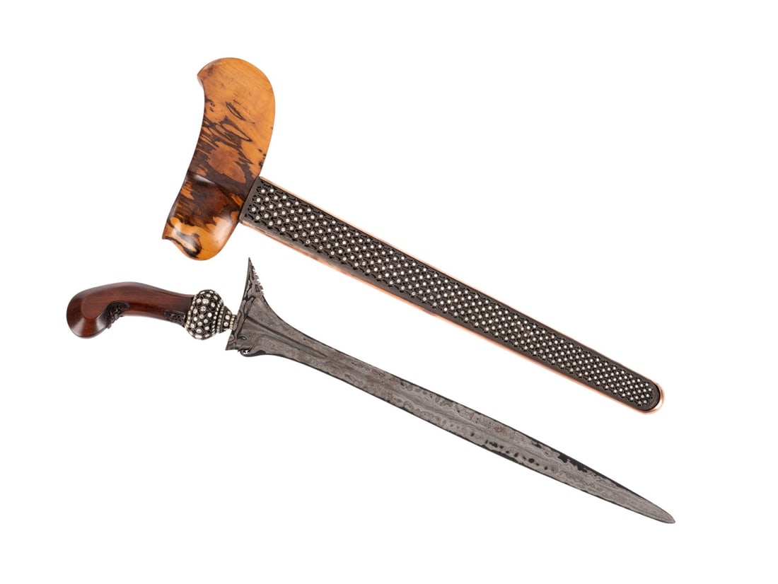 JAVANESE KRIS, WOOD AND DIAMOND ENCRUSTED SHEATH: Southeast Asian. Indonesian Javanese presentation Kris / Keris having mixed cut diamond encrusted sheath, mendak and selut, a carved wooden wrangka and hilt, and Royal Sultan Pakubuwono monogram "PB"