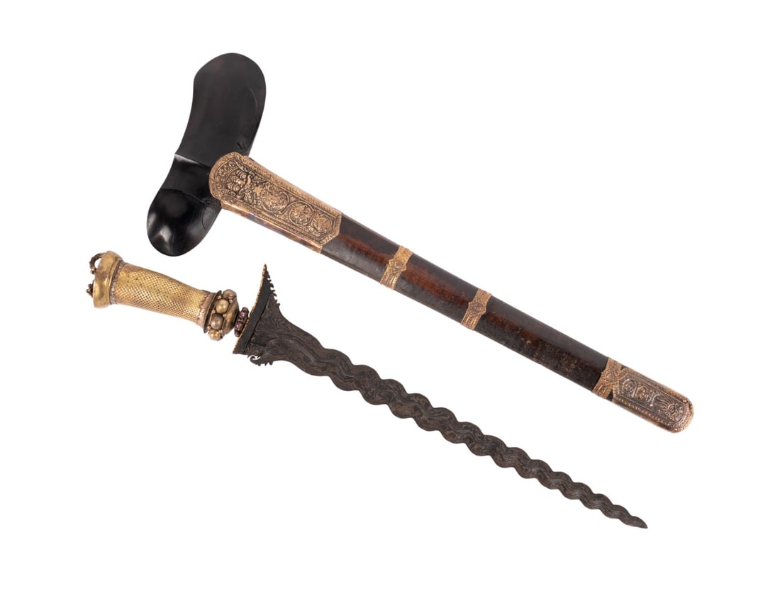 UNIQUE INDONESIAN KRIS DAGGER, GOLD AND EBONY: Southeast Asian, 20th century. Unique form Indonesian Kris / Keris having gold "basket weave" grip, ebony guard, mounted semi-precious stones to small ferrule (mendak), and four gold repousse
