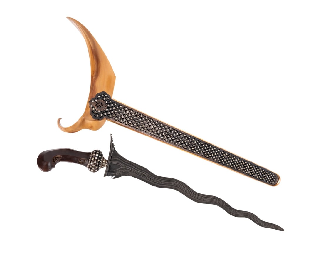 JAVANESE CARVED WOOD & DIAMOND KRIS, PBX CYPHER: Southeast Asian. Indonesian Javanese presentation Kris / Keris, having a carved wood hilt and wrangka, mixed cut diamond mounted selut, mendak, and scabbard; and inset royal cypher "PBX" for Sultan