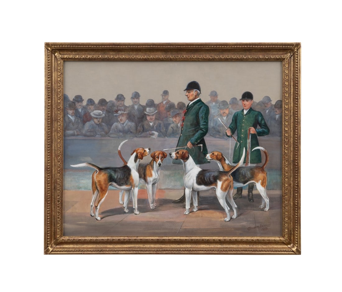CUTHBERT BRADLEY, 'THE DUKE'S HOUNDS', 1899: Cuthbert Bradley (English, 1861-1941). "The Duke of Beaufort's Hounds with Willdale and Peterborough" - 1899, watercolor and gouache on paper, signed "Cuthbert Bradley" and dated to LR, dealer?s