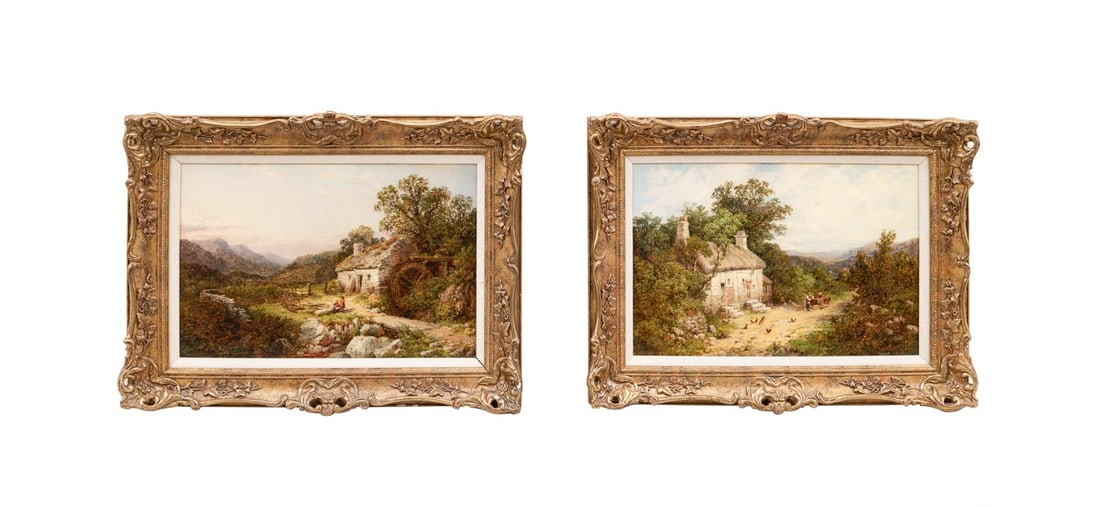 SAMUEL HENRY BAKER, PAIR OF LANDSCAPES, OIL/CANVAS: Samuel Henry Baker (English, 1824-1909). "Mill at Llanellyd, North Wales" and "Cottage near Llangelles, North Wales" - pair of landscape paintings, late 19th / early 20th century, oil on canvas, both