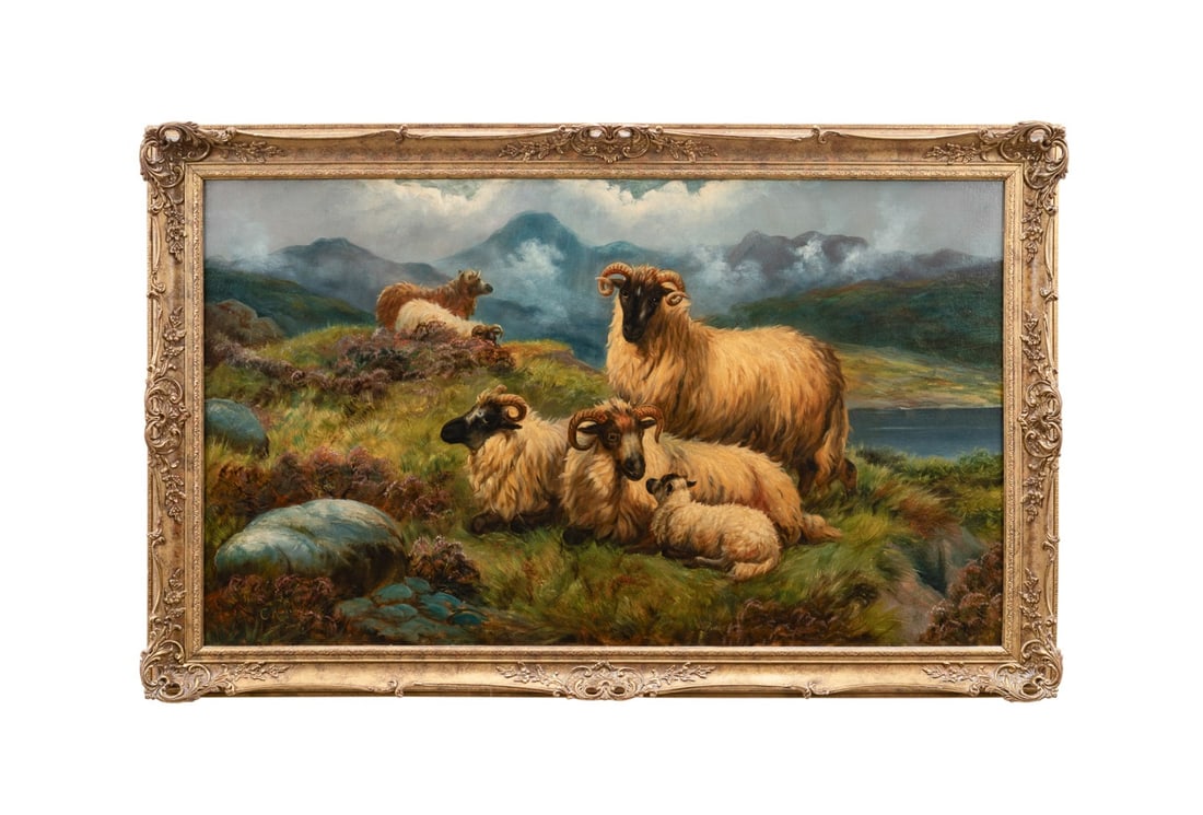 J. CHARLES MORRIS 'HIGHLAND LANDSCAPE W/SHEEP' O/C: James Charles Morris (British, active 1851-1863). "A Highland Landscape with Sheep" - mid-19th century, oil on canvas, signed "C Morris" to LL. Provenance: Estate of Scott Hudgens and Jacqueline Casey