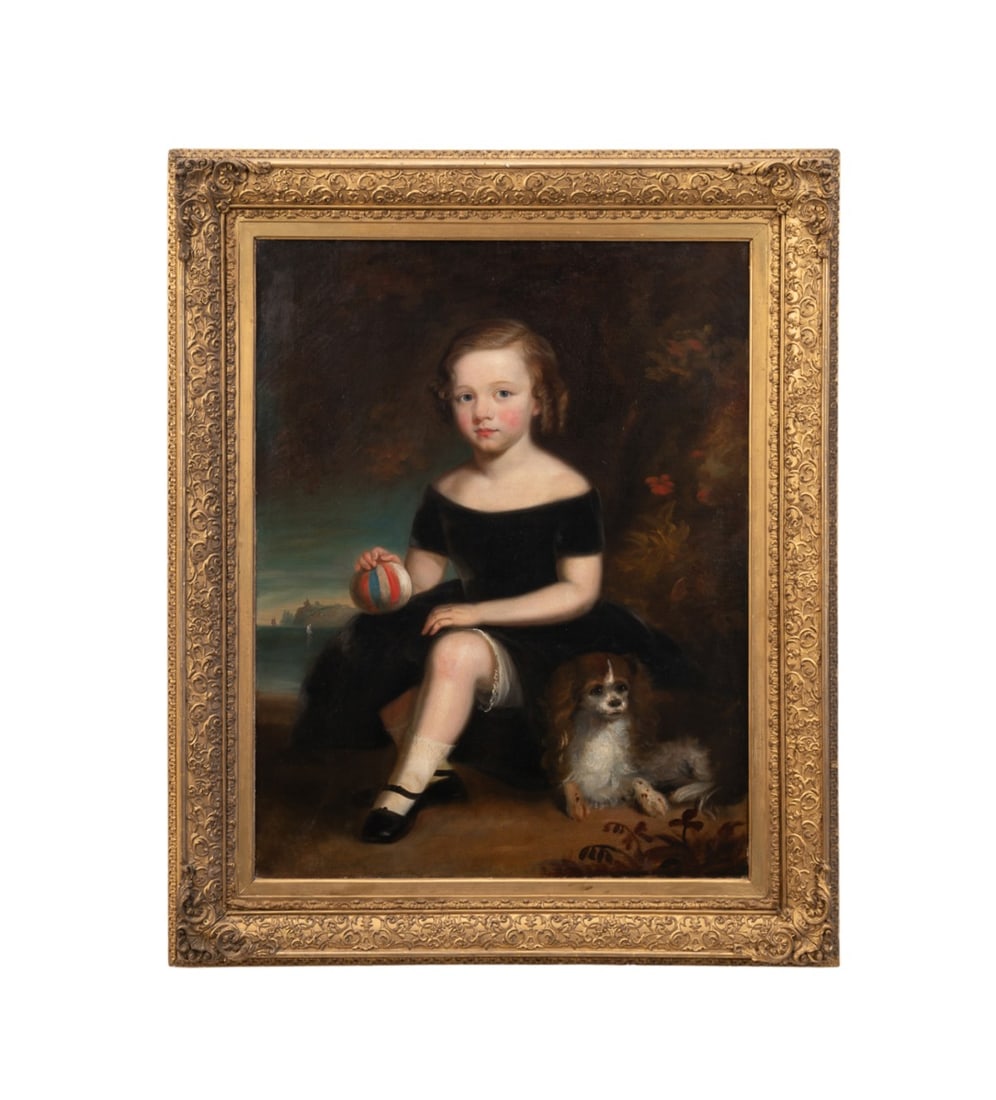 PORTRAIT OF GIRL WITH DOG, 19TH C. OIL ON CANVAS (1 of 9)
