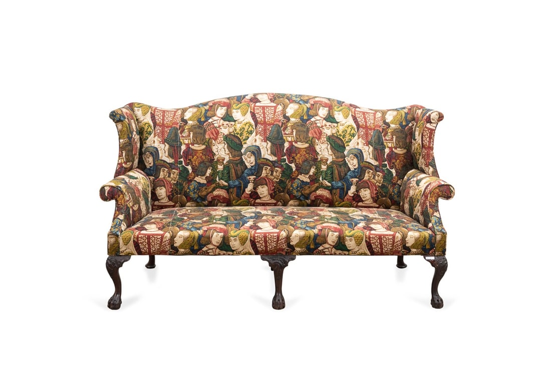 18TH C. BRITISH GEORGIAN WINGBACK SETTEE: British, possibly Irish,18th century. Georgian mahogany wingback settee, having a serpentine crest, and rising on front cabriole legs with paw feet, apparently unmarked. Provenance: Estate of Scott Hu