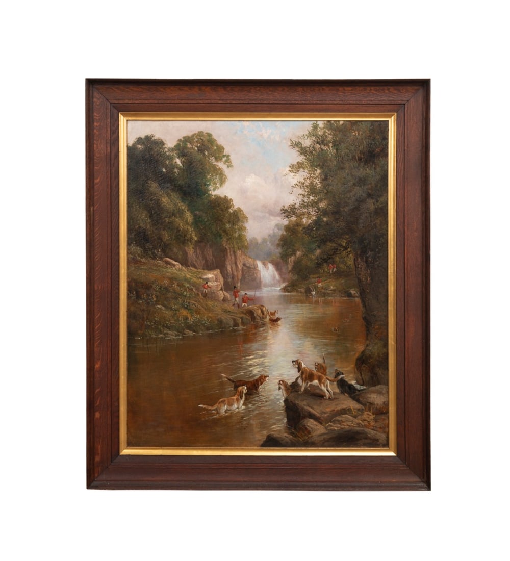 DAVID MOTLEY, HOUNDS ON THE RIVER EDEN, 1897: David Motley (English, 1848-circa 1920). "Kendal Hoffey Hounds on the River Eden" - 1897, oil on canvas, signed "D Motley" and dated to LR. Framed. Note: Affixed to the stretcher is a note detailing t