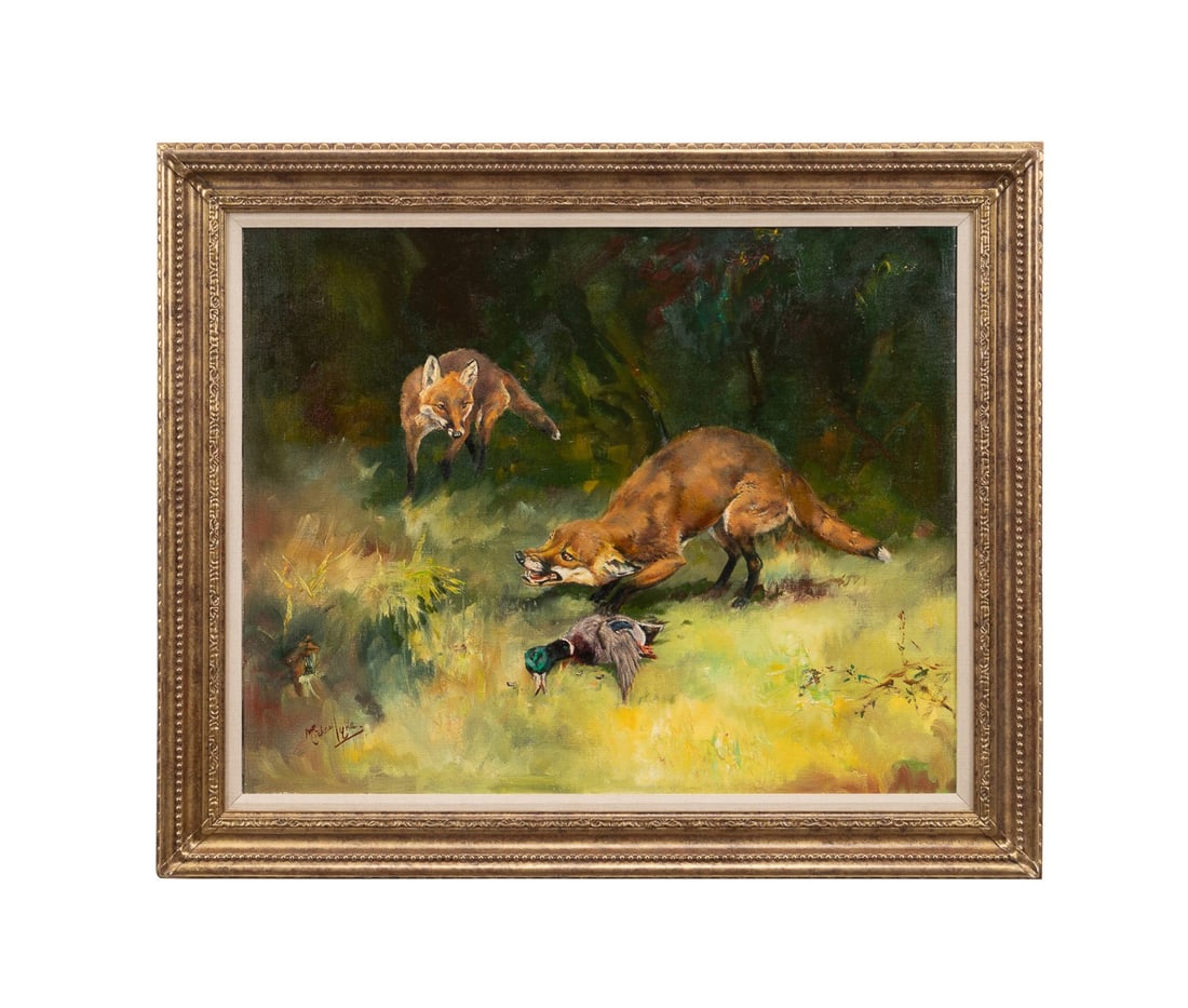 MICHAEL LYNE, 'FOXES AND DUCK', OIL ON CANVAS: Michael Lyne (English, 1912-1989). "Foxes and Duck" - 20th century, oil on canvas, signed "Michael Lyne" to LL, dealer?s label to verso for "RJP" Robert J. Perham, Fine Paintings, Bristol, England, ta