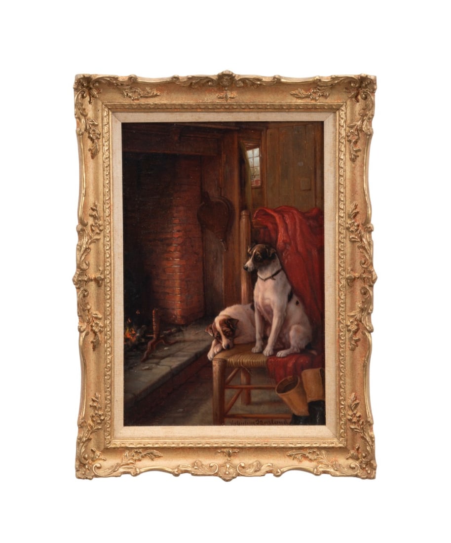 VALENTINE GARLAND 'THE WHIPS FIRESIDE' 19TH C. O/P: Valentine Thomas Garland (English, circa 1840-1914). "The Whips Fireside" - oil on panel, signed "Valentine T Garland" to LR, collection labels with artist and title to verso. Framed. Provenance: Esta