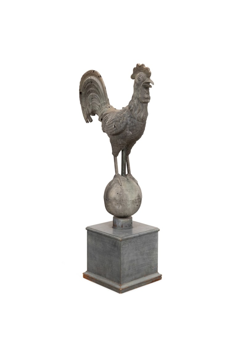 19TH C. ZINC ROOSTER WEATHERVANE ON WOODEN BASE (1 of 6)