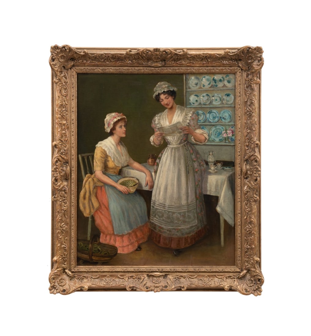 WALTER DENDY SADLER, 'GOOD NEWS', 1891, O/C: Walter Dendy Sadler (English, 1854-1923). "Good News" - 1891, oil on canvas, signed "W. Dendy Sadler" to verso, dealer?s label to verso for "RJP" Robert J. Perham, Fine Paintings, Bristol, England. Fr