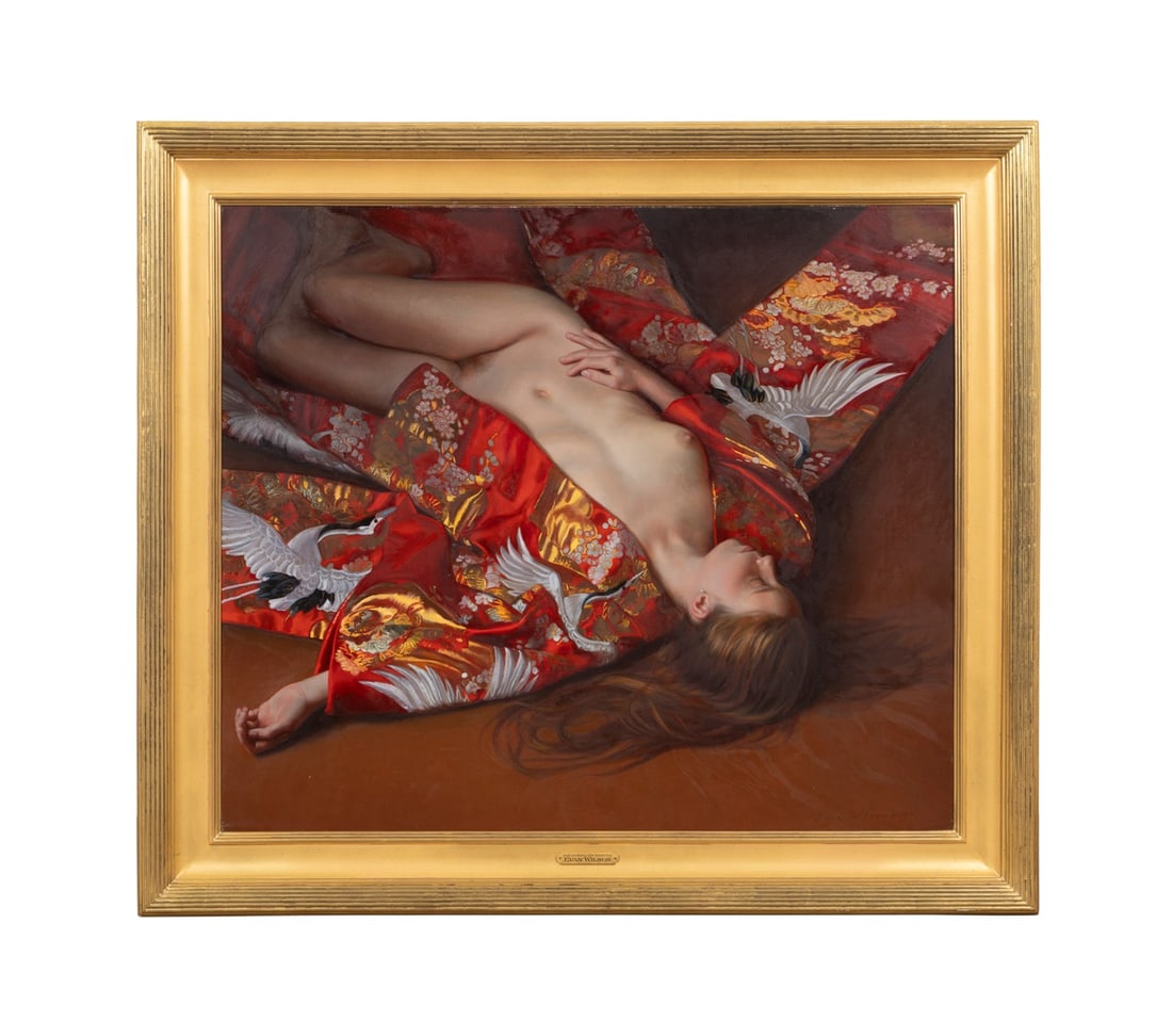 EVAN WILSON, 'THE VERMILLION KIMONO', 2007, O/C: Evan Wilson (American, born 1953). "The Vermillion Kimono" - 2007, oil on canvas, signed "Evan Wilson" and dated to LR, label for Carolina Galleries, Charleston, SC to verso. Framed. Provenance: The E