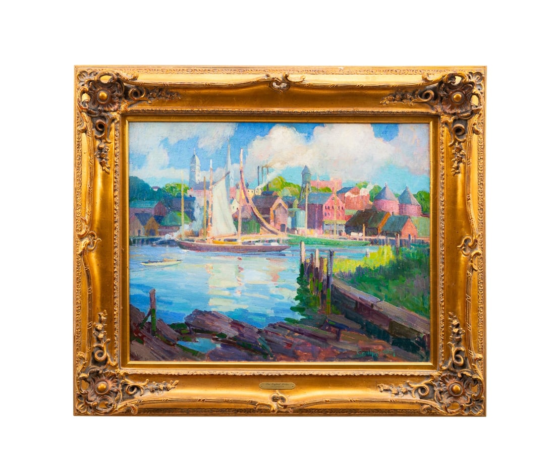 CARL NORDSTROM, 'NEW ENGLAND HARBOR', 20TH C., O/C: Carl Harold Nordstrom (American, 1876-1965). "New England Harbor" - 20th century, oil on canvas, signed "Carl Nordstrom" to LR. Framed. Provenance: Private Collection, Atlanta, GA. Approximate dimensi