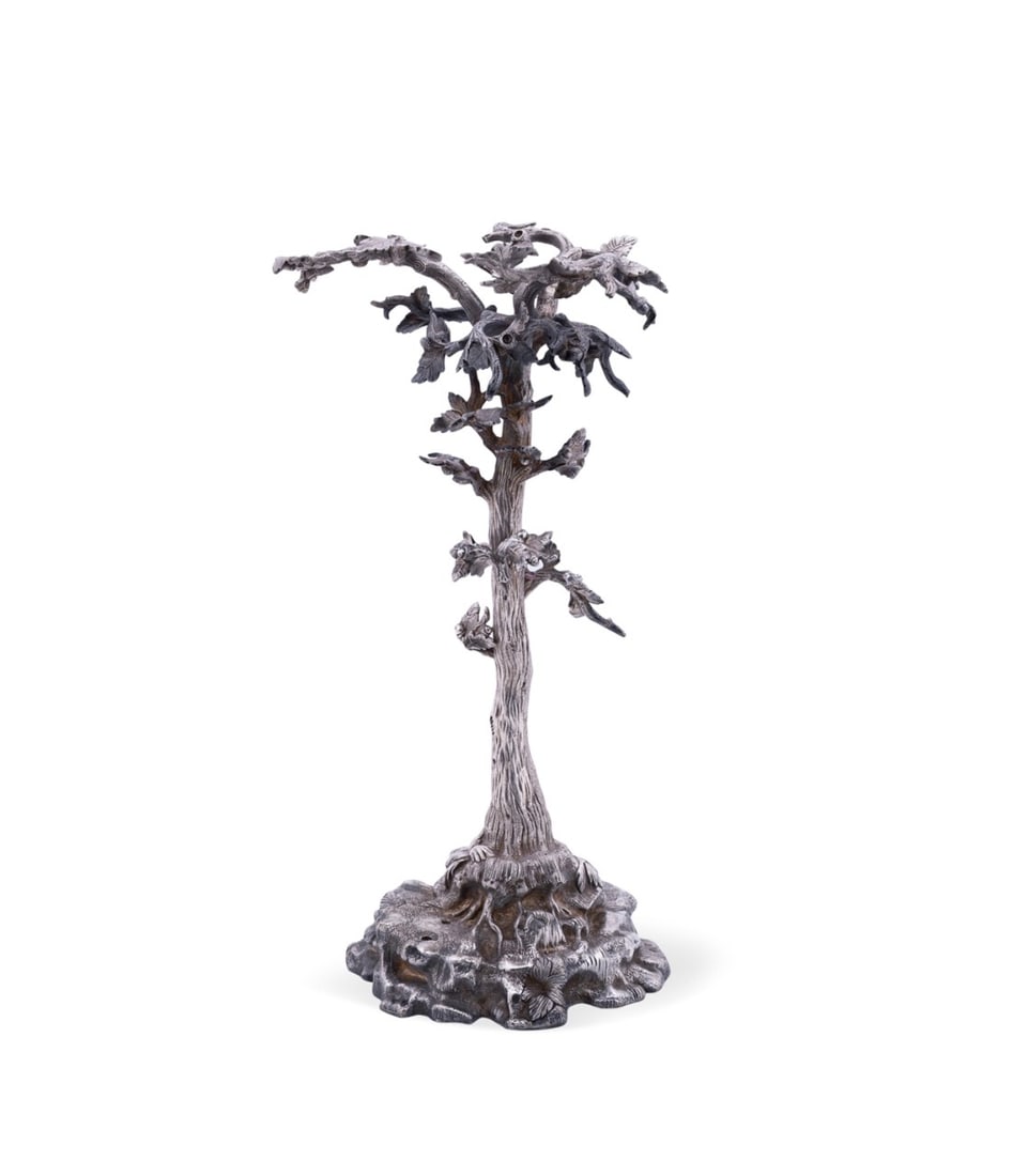 SILVER TREE FORM CENTERPIECE TABLE DECORATION: Antique Victorian silver tree form centerpiece table decoration, apparently unmarked, Missing unknown element which would fit in the two holes at base of tree. Note: likely would have held a bowl or d