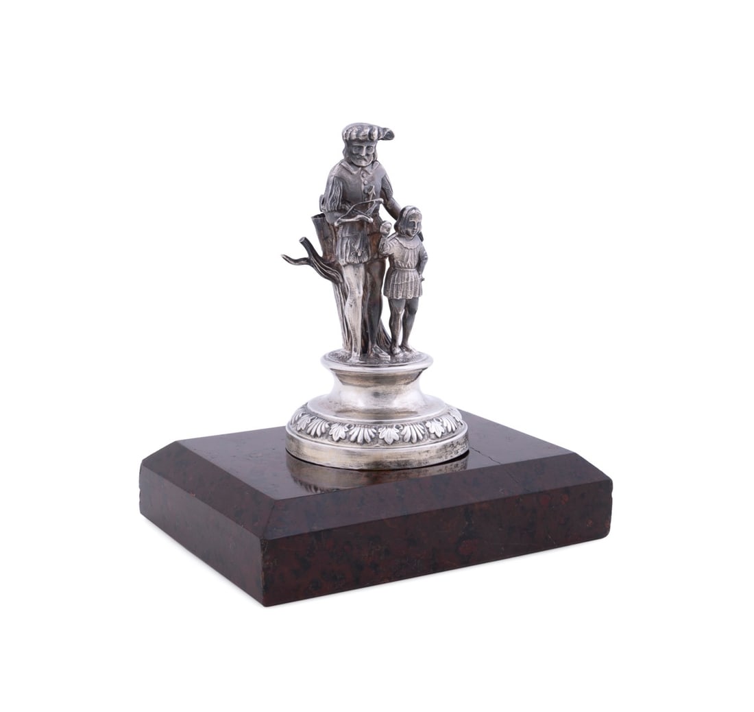 CONTINENTAL GERMAN SILVER FIGURE OF WILLIAM TELL: Continental, possibly Finnish, 19th century. Figural German .812 silver table garniture modeled as William Tell and his son, on red marble base, the figure stamped with illegible hallmark and "13", ot