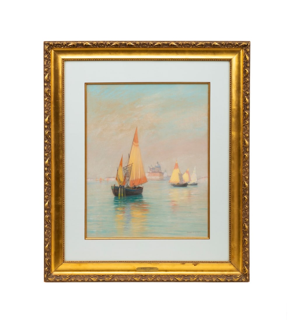 GEORGE WAINWRIGHT HARVEY 'VENICE SAILBOATS' PASTEL: George Wainwright Harvey (American, 1855-1930). "Venice Sailboats" - 20th century, pastel on paper, pencil signed to LR, label to verso for American Galleries, Marietta, GA. Framed. Provenance: