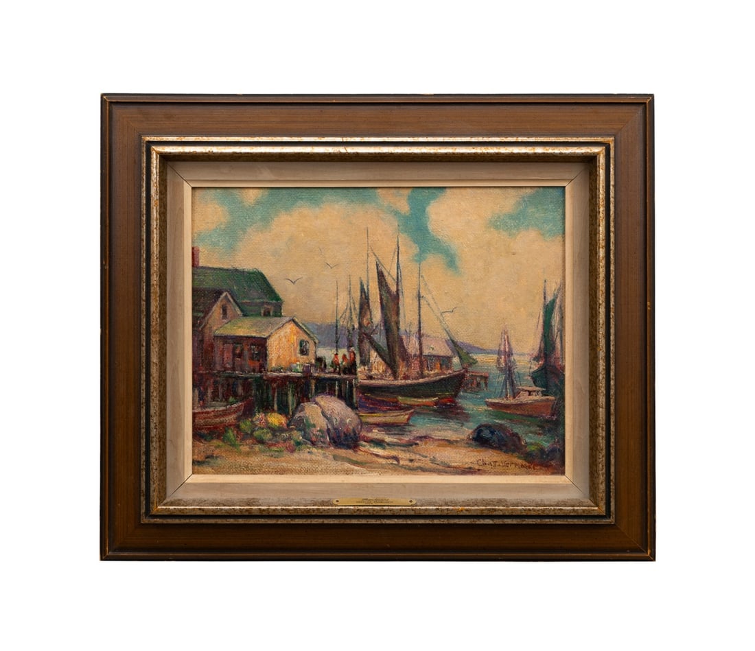 CHARLES VERMOSKIE, 'ROCKPORT', OIL ON BOARD: Charles Vermoskie (American, 1905-1991). "Rockport", oil on masonite board, signed "Chas Vermoskie" to LR, label with name and title to verso. Framed. Provenance: Private Collection, Atlanta, GA. 