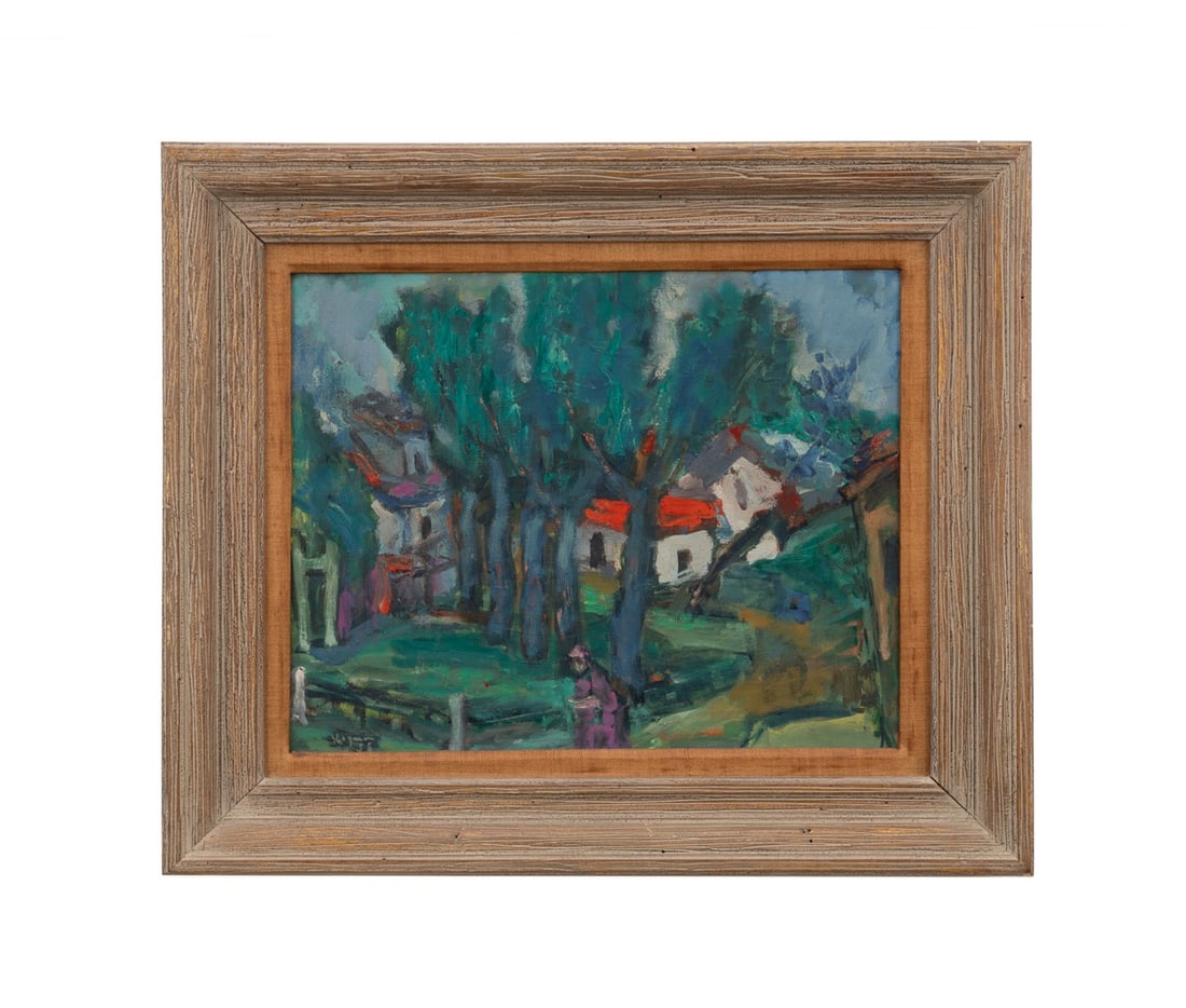 BENJAMIN KOPMAN, VILLAGE WITH TREES, 1955, O/C: Benjamin Kopman (American, born in Russia, 1887-1965). Untitled - Village and Trees - 1955, oil on canvas, signed "Kopman" and dated to LL. Framed. Approximate dimensions: canvas h. 16", w. 20"; frame