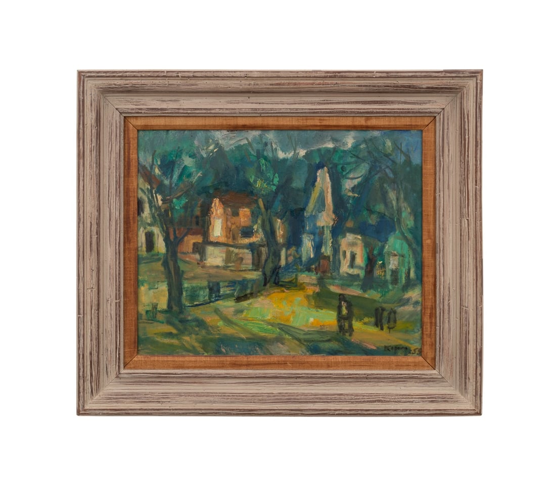 BENJAMIN KOPMAN, VILLAGE WITH FIGURES, 1955, O/C: Benjamin Kopman (American, born Russia, 1887-1965). Untitled - Village Scene with Figures - 1955, oil on canvas, signed "Kopman" and dated to LR. Framed. Approximate dimensions: canvas h. 16", w. 20";