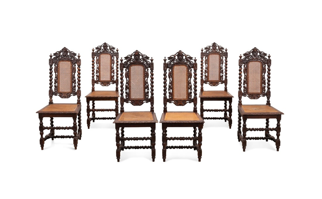 SIX JACOBEAN REVIVAL CANE SEAT DINING CHAIRS (1 of 6)