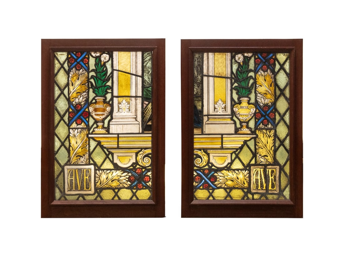 PAIR OF MARIAN PAINTED STAINED GLASS WINDOW PANELS (1 of 7)