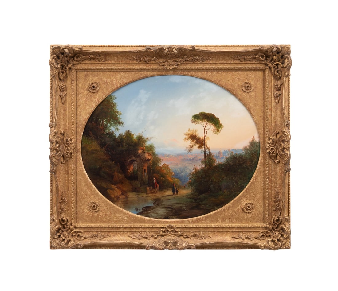 A.E. PEARCE, VIEW OF ROME, ITALIANATE LANDSCAPE: Arthur Ernest Pearce (English, 1859-1934). "Landscape with Figures, View of Rome in the Distance" - late 19th / early 20th century, oil on canvas, initialed "AEP" and inscribed "Roma 1855" to LR,