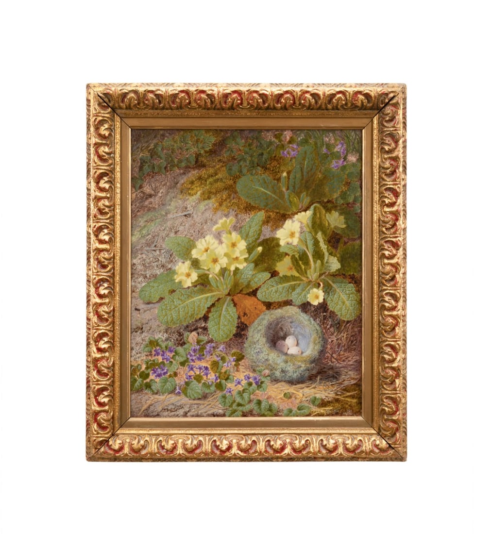 THOMAS WORSEY, STILL LIFE W/FLOWERS AND NEST, 1871: Thomas Worsey (English, 1829-1875). Untitled - Still Life with Yellow and Purple Flowers and a Bird's Nest - 1871, oil on canvas, signed "Thomas Worsey" and dated to LR. Framed. Provenance: Estate of