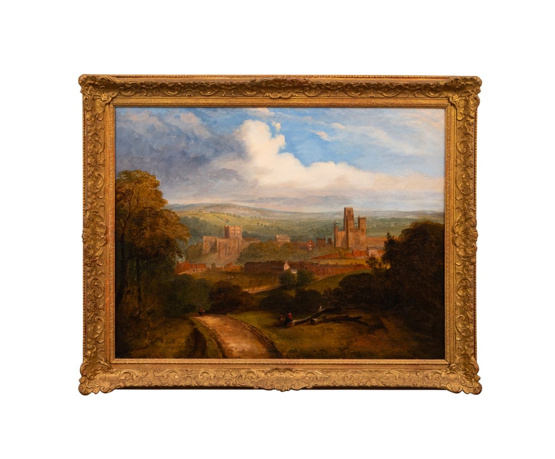 ROBINSON, 'A VIEW OF DURHAM', 19TH C. ENGLISH O/C: F. F. Robinson (English, 19th century). "A View of Durham" - 1857, oil on canvas, signed "F. F. Robinson" to lower edge, dealer?s label to verso for "RJP" Robert J. Perham, Fine Paintings, Bristol, En