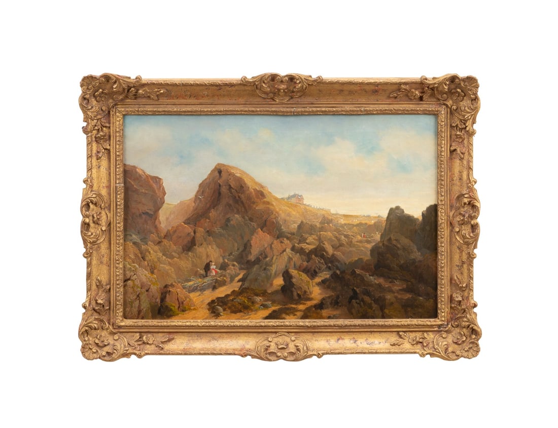 1901 ENGLISH SCH. ROCKY LANDSCAPE WITH FIGURES OIL: English School. Untitled - Figural Rocky Landscape with a Hotel in the Background - 1901, oil on canvas, signed "W. Cullan" and dated to LL, canvas manufacturer stamp to verso "G Rowney & Co. / London