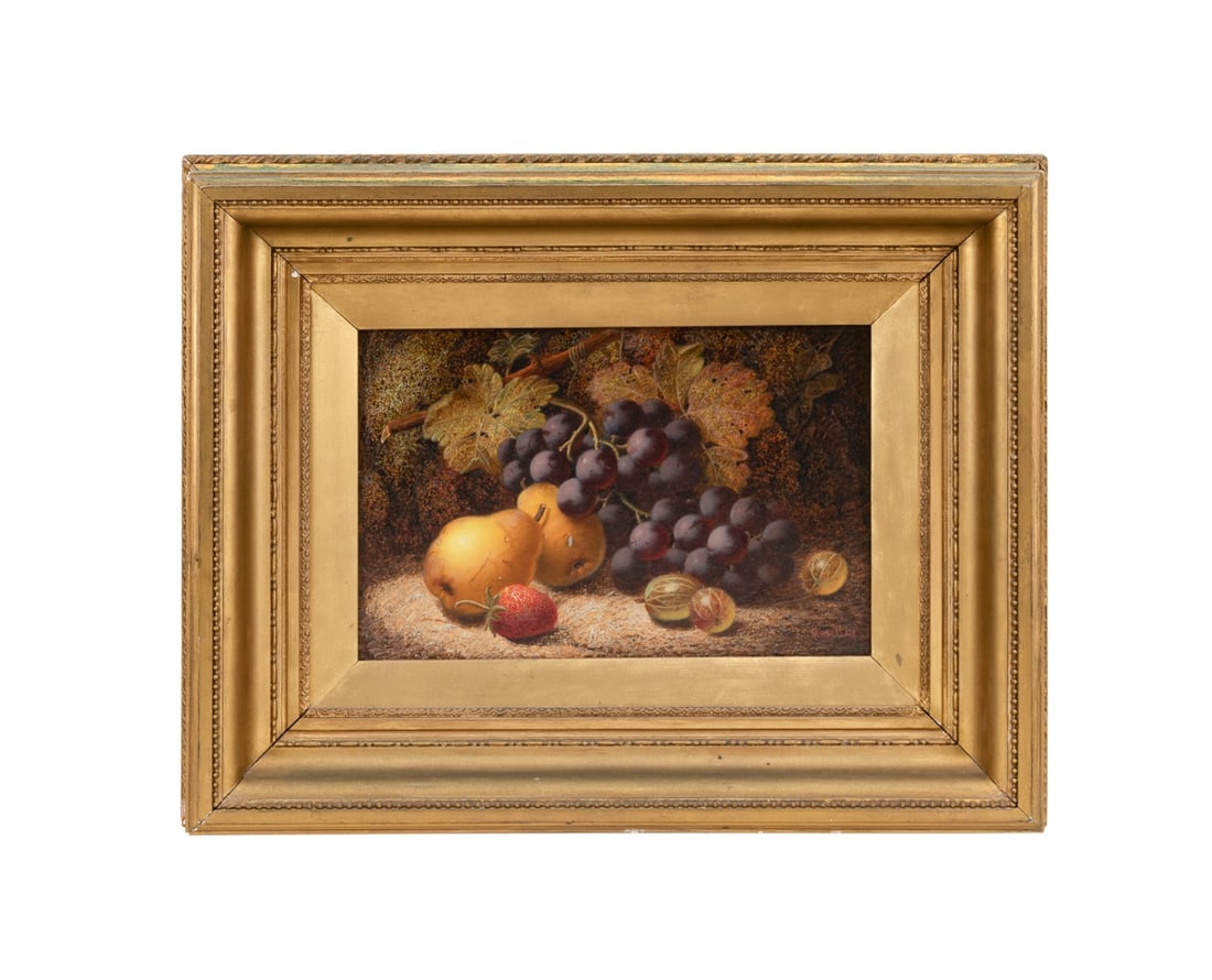 OLIVER CLARE, STILL LIFE WITH FRUIT, OIL ON PANEL: Oliver Clare (English, 1852-1927). Untitled - Still Life with Grapes, Pears, and Strawberry, oil on panel, signed "Oliver Clare" to LR. Framed. Provenance: Estate of Scott Hudgens and Jacqueline Casey