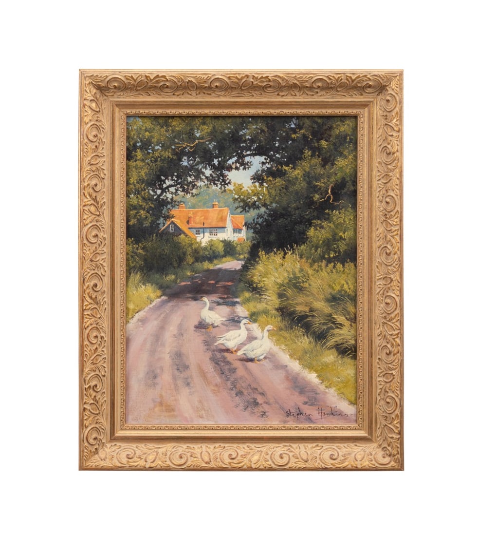 STEPHEN HAWKINS, 'GEESE ACROSS THE ROAD', O/C: Stephen Hawkins (English, born 1964). "Geese Across the Road", oil on canvas, signed "Stephen Hawkins" to LR, label with artist, title, medium to verso. Framed. Provenance: Estate of Scott Hudgens and