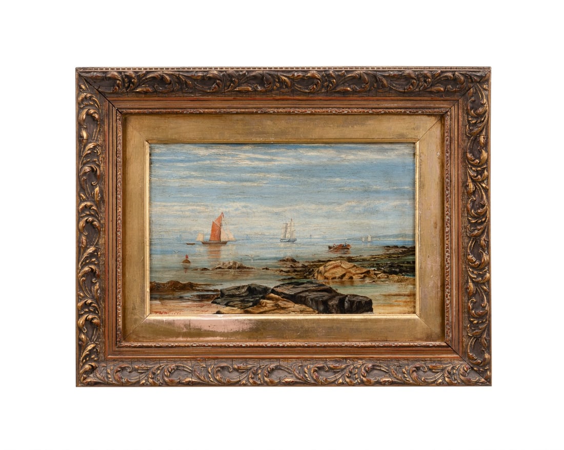 AMERICAN SCHOOL, PEACEFUL SEASCAPE W BOATS, O/C (1 of 6)