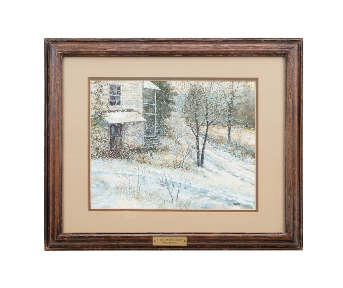 AMER. SCHOOL 'WINTER IN DAHLONEGA', 1977, GOUACHE: American School, 20th century. "Winter in Dahlonega" - 1977, gouache and watercolor on paper, signed "Proctor" to LR, tag from Carolina Conservation, Irmo, SC affixed to verso. Provenance: Estate of S